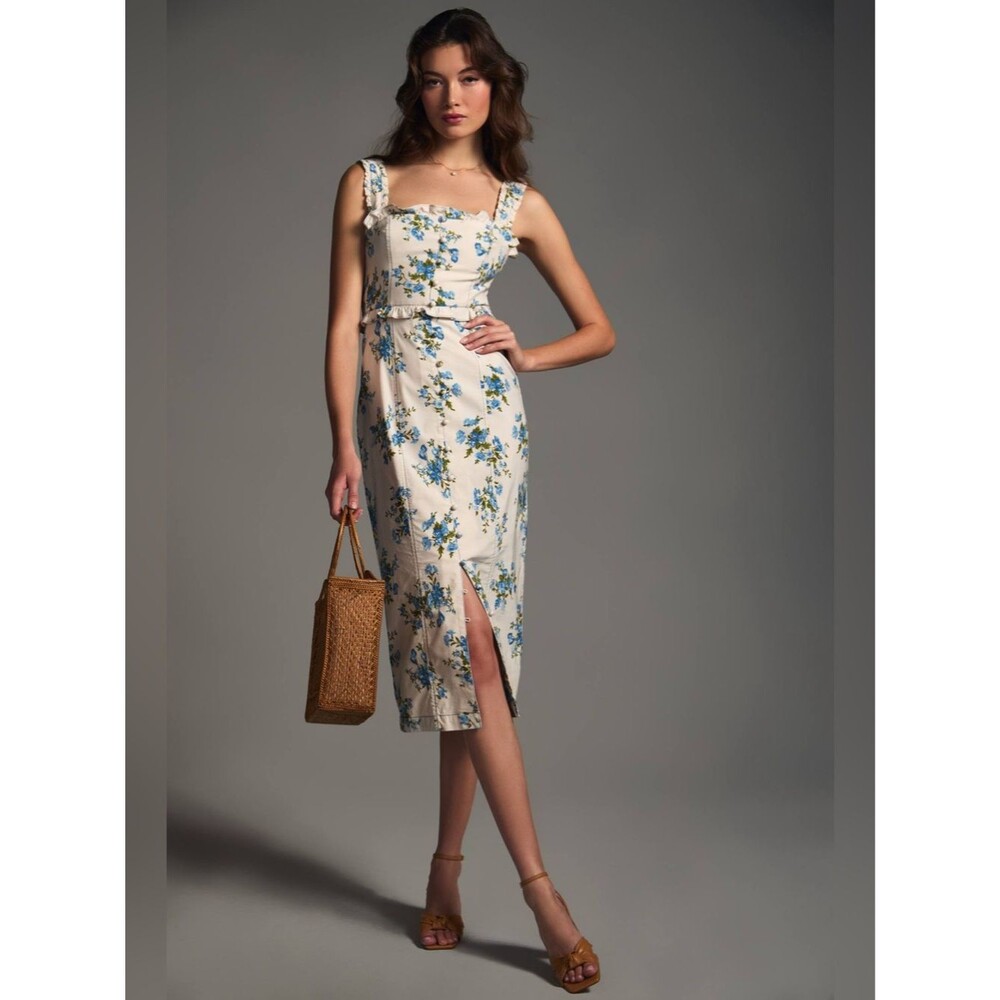 Anthropologie Blue Floral Ruffle Midi Dress Size Medium